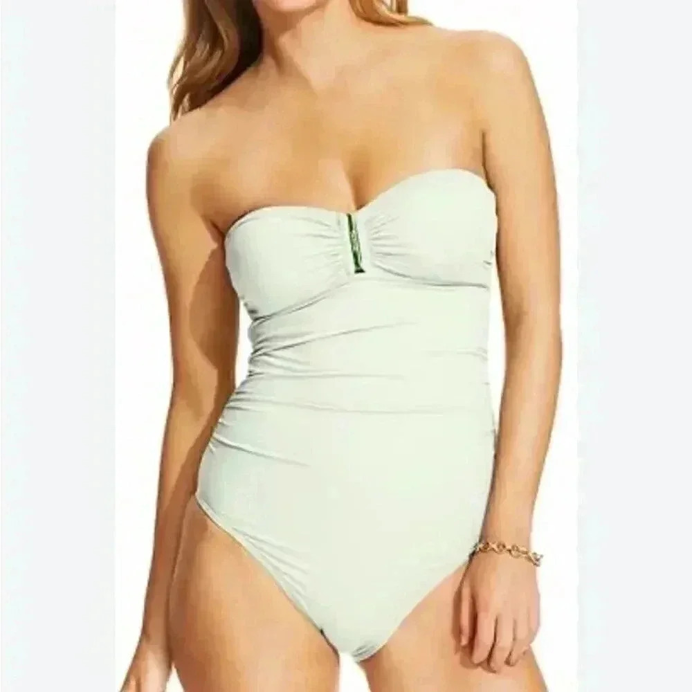 Calvin Klein strapless bathing suit ruched white bandeau all in one  swimsuit 6